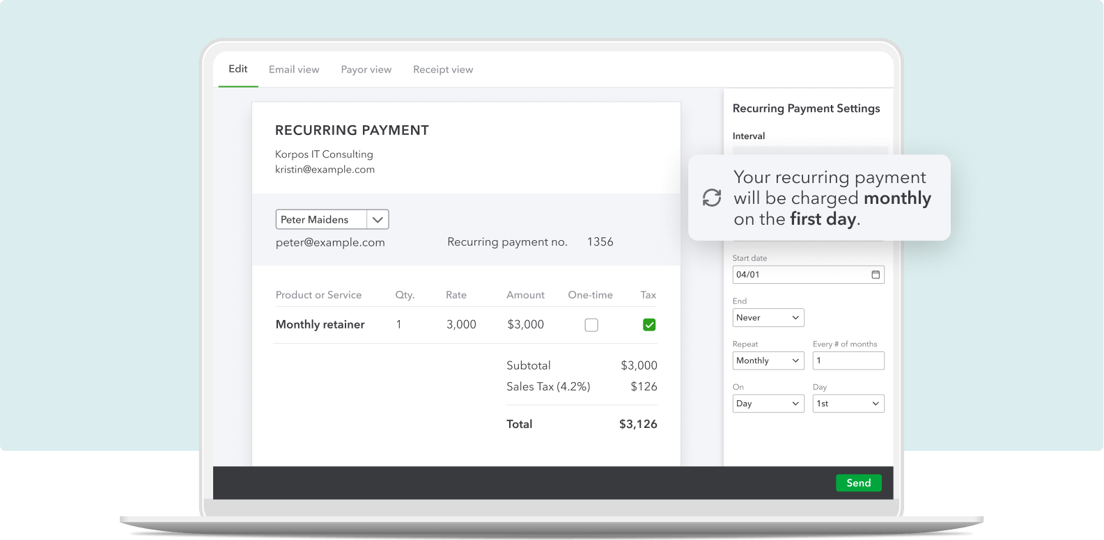 An image showing recurring payments in QuickBooks Online