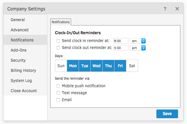 Timesheet reminders screenshot