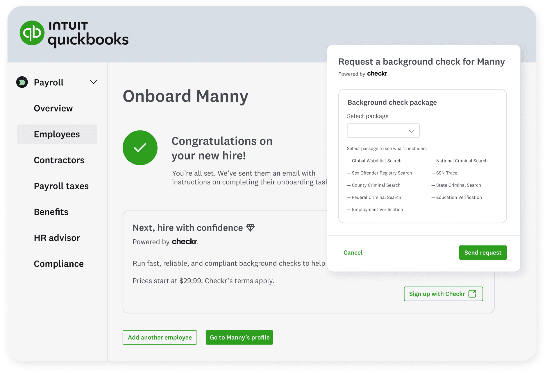 QuickBooks payroll onboarding with background check