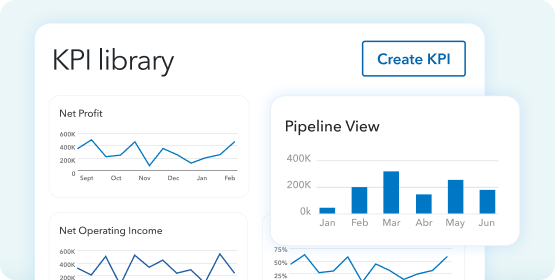 The QuickBooks KPI library interface featuring line graphs for Net Profit and Net Operating Income alongside a bar chart showing a six-month Pipeline View.