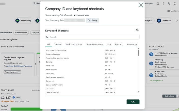 A picture of the QuickBooks Online keyboard shortcut guide overlay