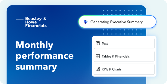A management report dashboard listing Company Overview, Sales, and Expenses reports with options to set report periods and preview data.