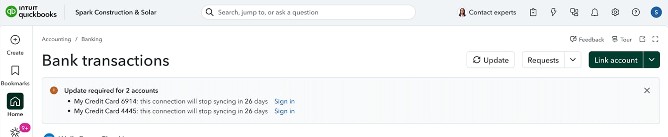QuickBooks Online notification warning that a credit card connection needs re-authorization