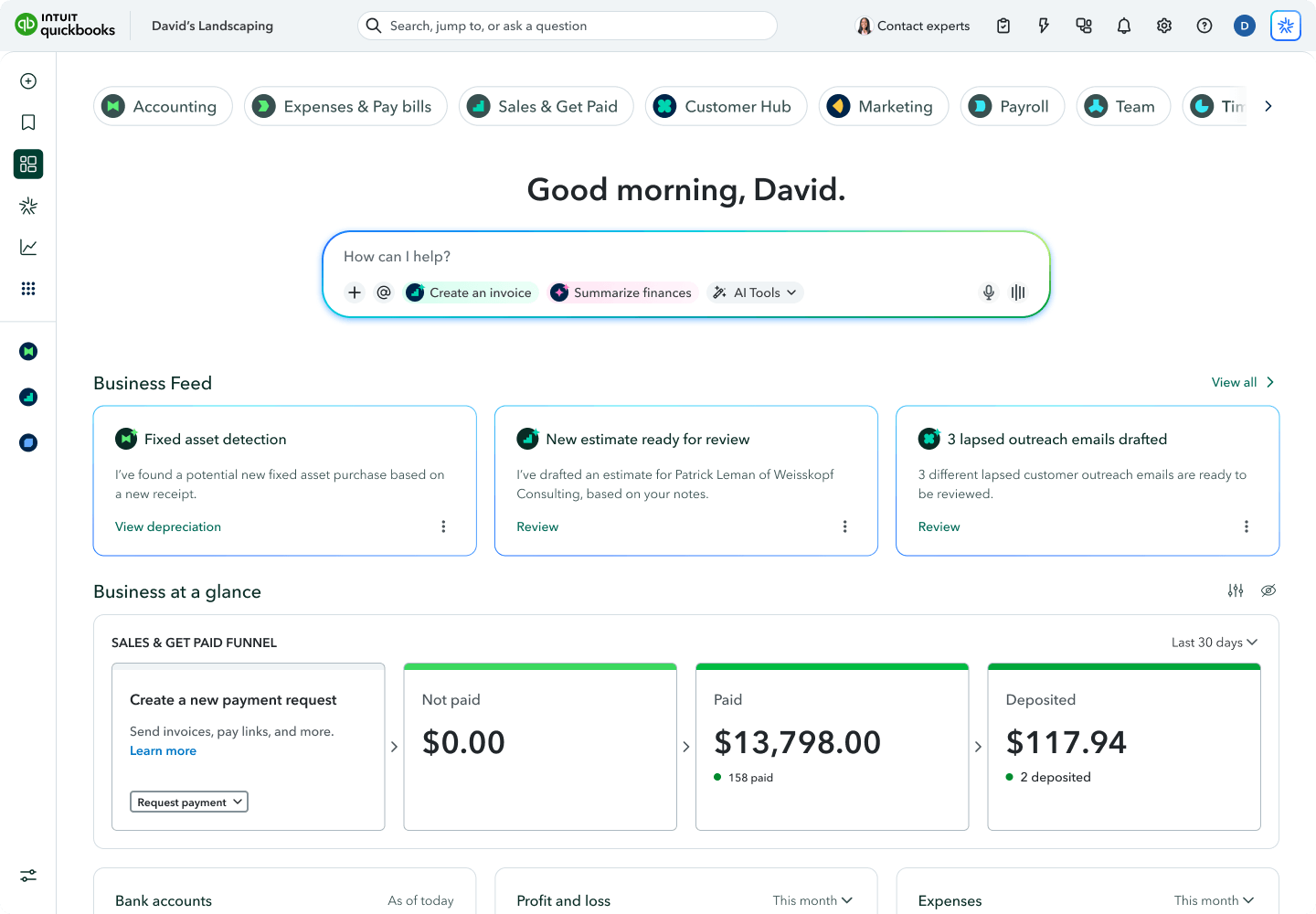QuickBooks online dashboard with business overview