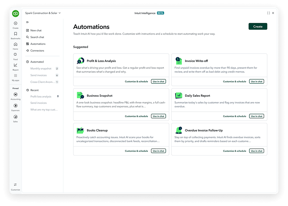 Intuit QuickBooks automations dashboard interface screenshot