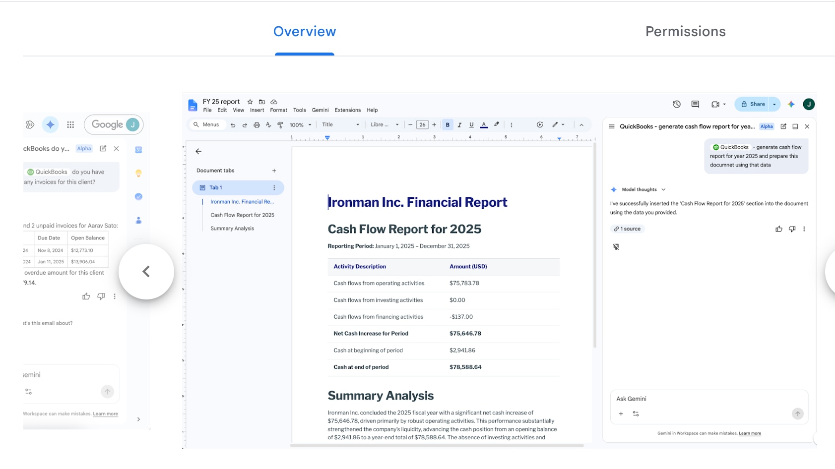 Google Docs editor showing an "Ironman Inc. Financial Report" alongside a Gemini side panel confirming the generation of a Cash Flow Report for 2025.