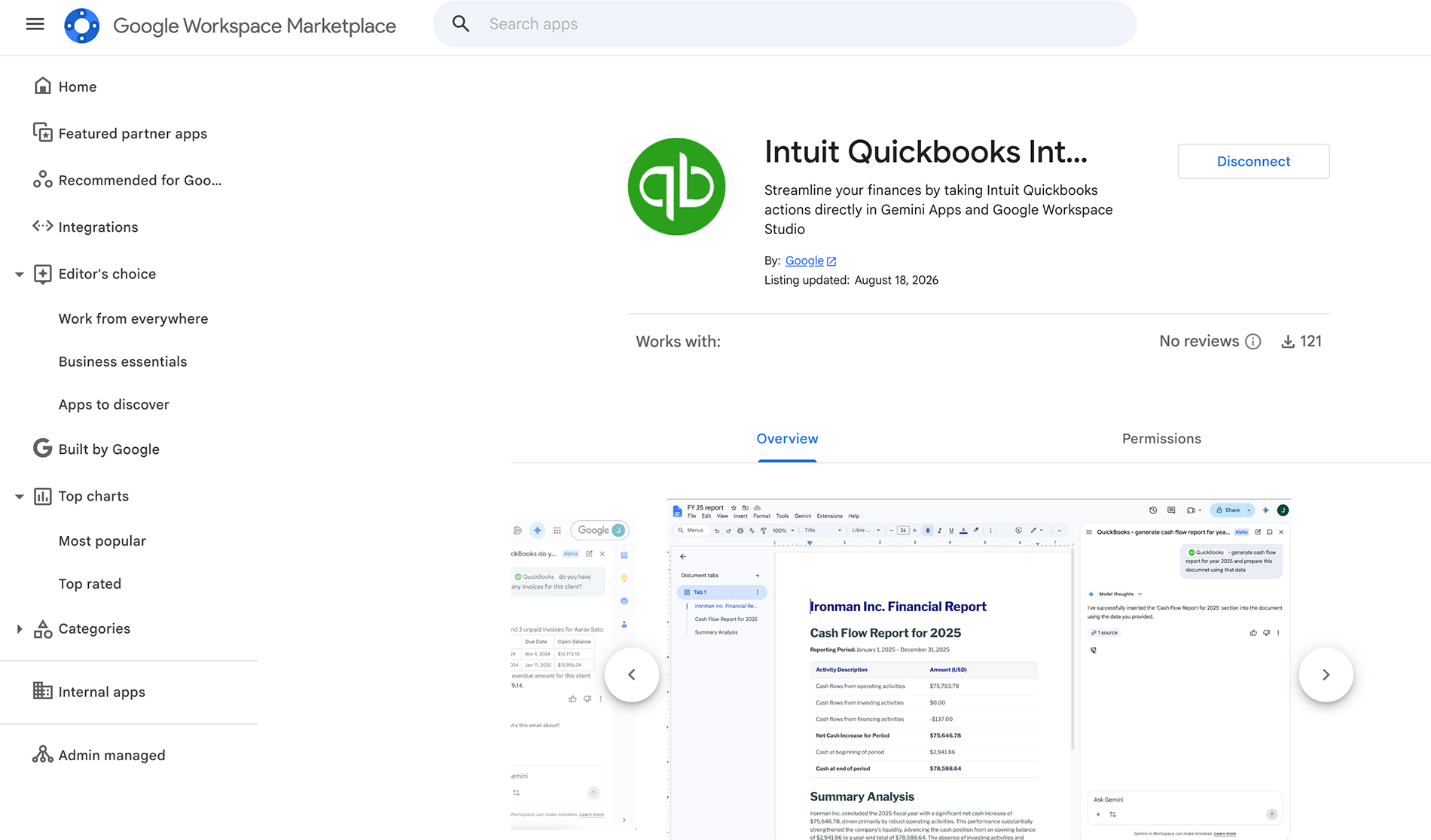 Google Workspace Marketplace listing page for the Intuit QuickBooks Integration app, showing app details and preview screenshots.