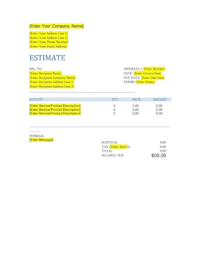 Plumbing estimate example template