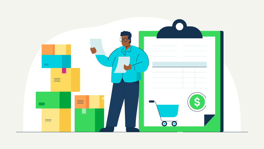 An illustration of a business owner reviewing purchase orders.