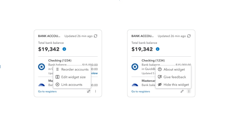 An example of resizable widgets available on the QuickBooks Online home page.