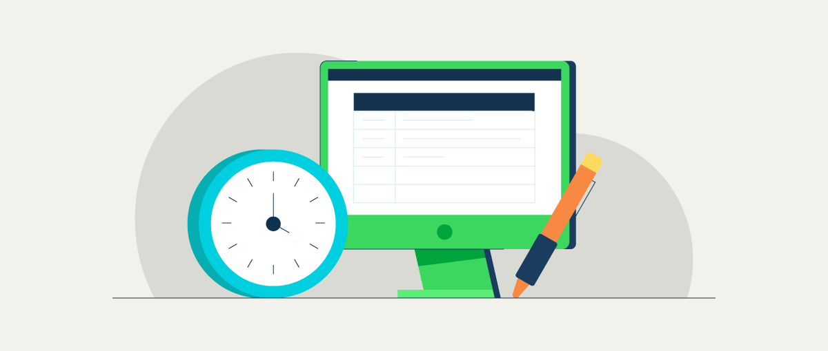 An illustration of a computer and a clock, representing time blocking templates.