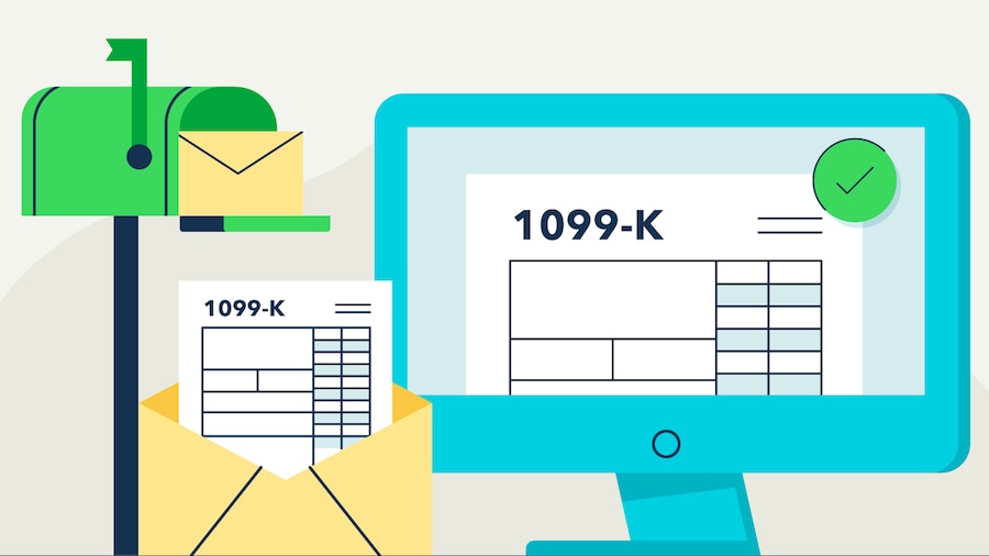 An illustration of a 1099-K form being received electronically and by mail.