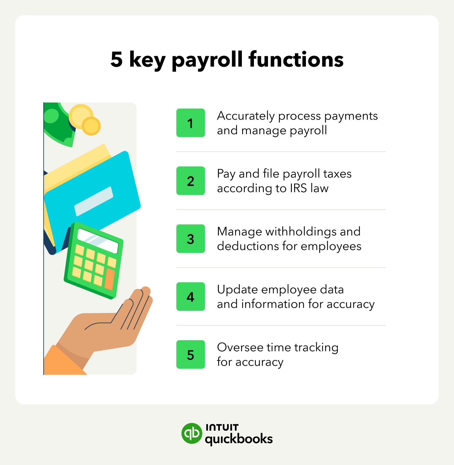 The key functions of payroll departments including accurately processing payments and overseeing time tracking.