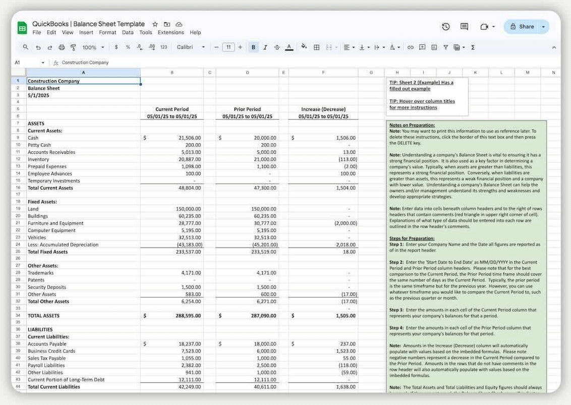 A filled out balance sheet template.
