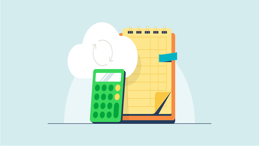 An illustration conceptualizing the idea of cloud accounting with a calculator, calendar, and cloud.