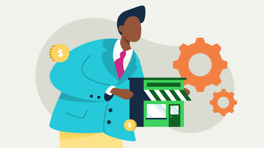 An illustration of a small business owner holding a storefront with gears and dollar icons, representing owner’s equity and business value.
