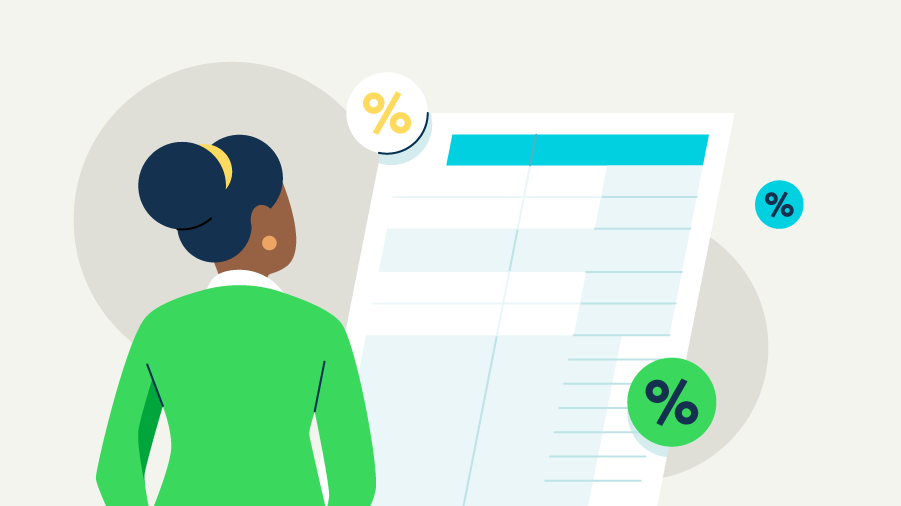 Illustration of a perspn reviewing financial data on a large document.