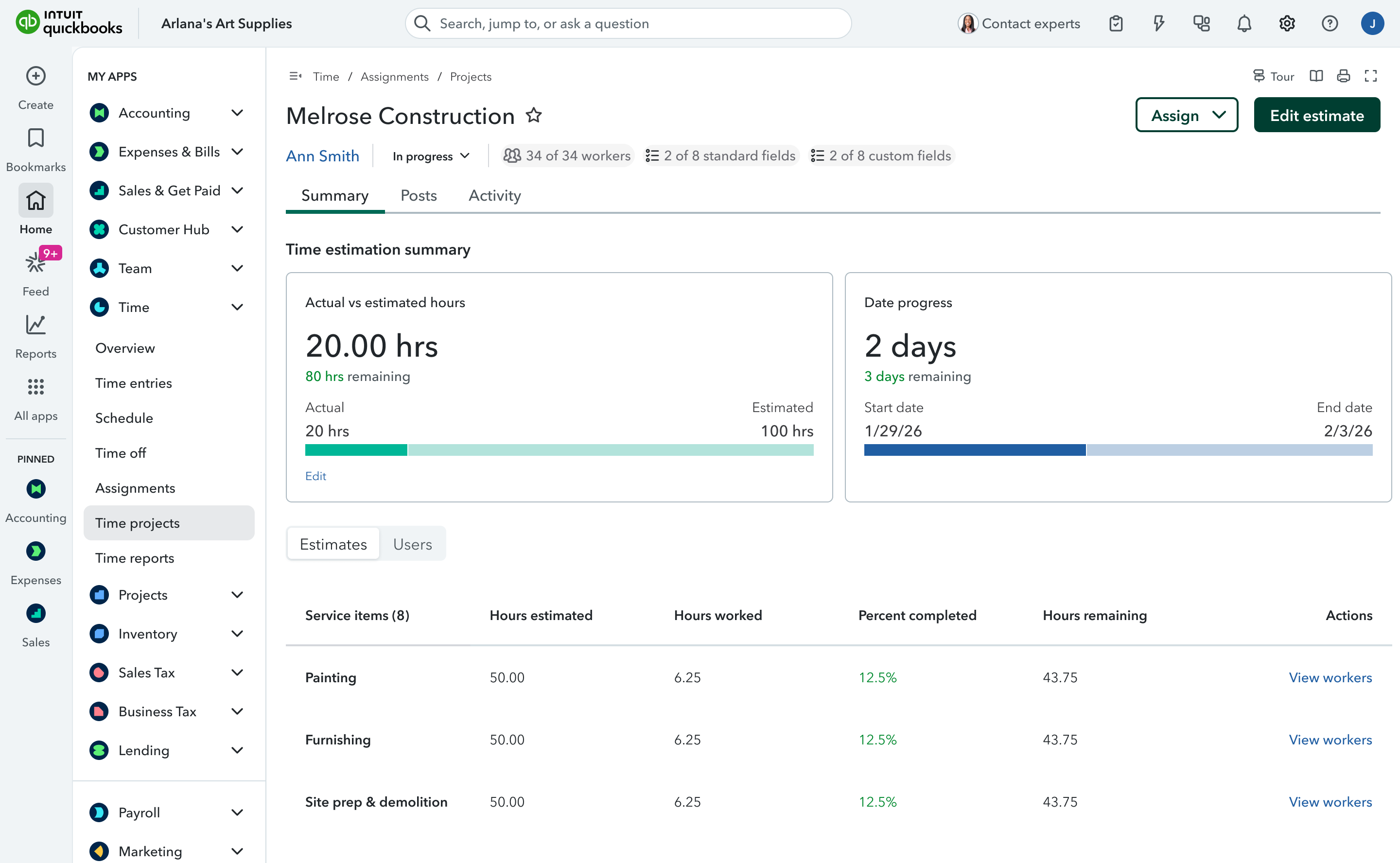 Construction project time tracking dashboard interface