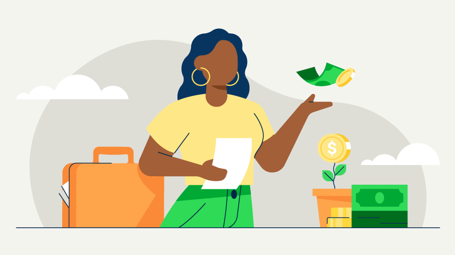 A stylized illustration of a business owner evaluating small business loans.