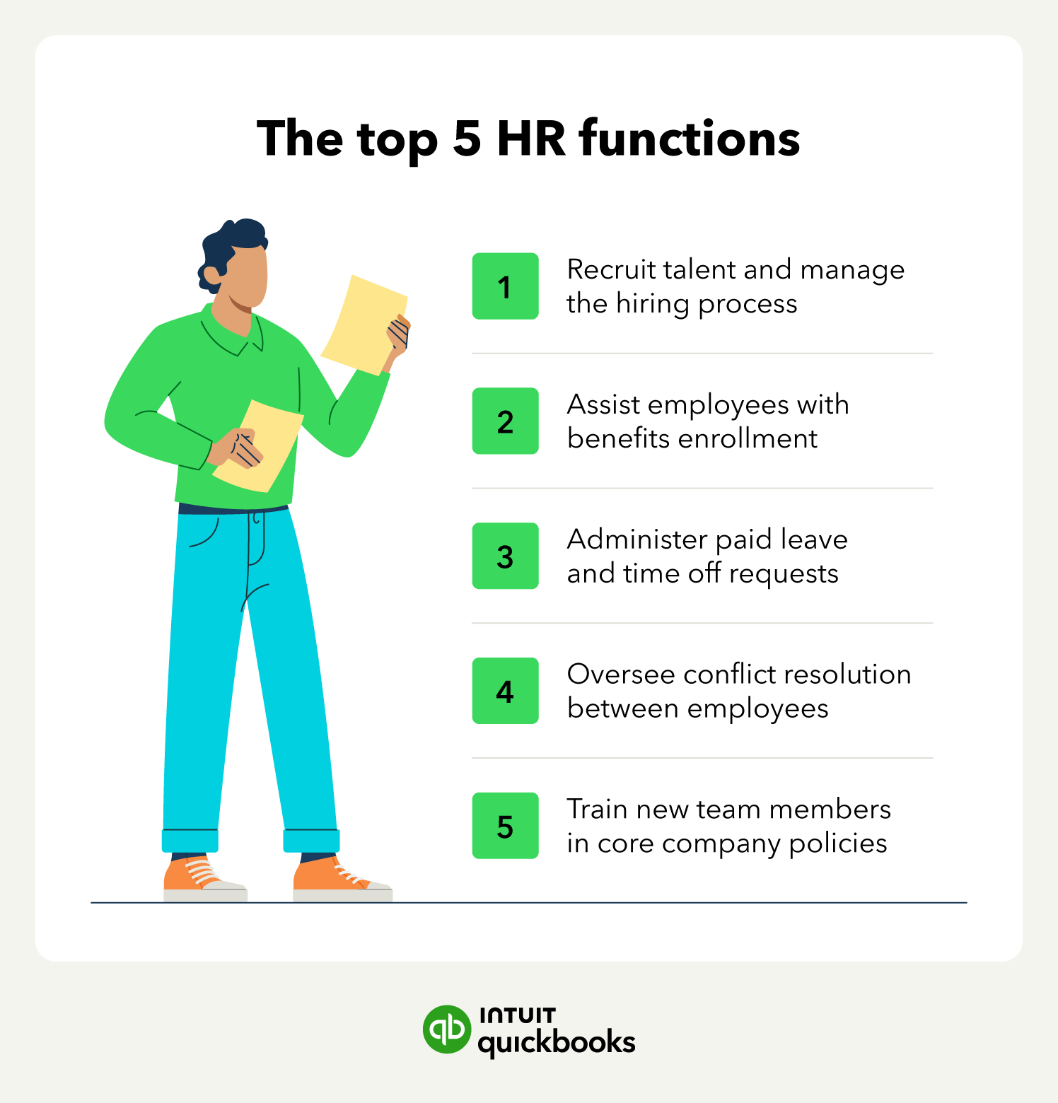 The top HR functions including assisting with benefits enrollment and overseeing conflict resolution.