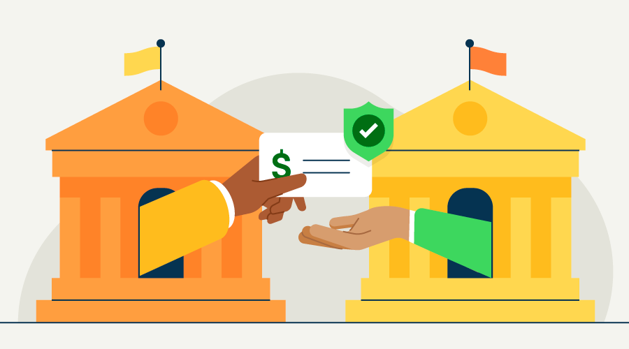 Illustration of two banks exchanging an electronic payment, representing a secure ACH transfer.