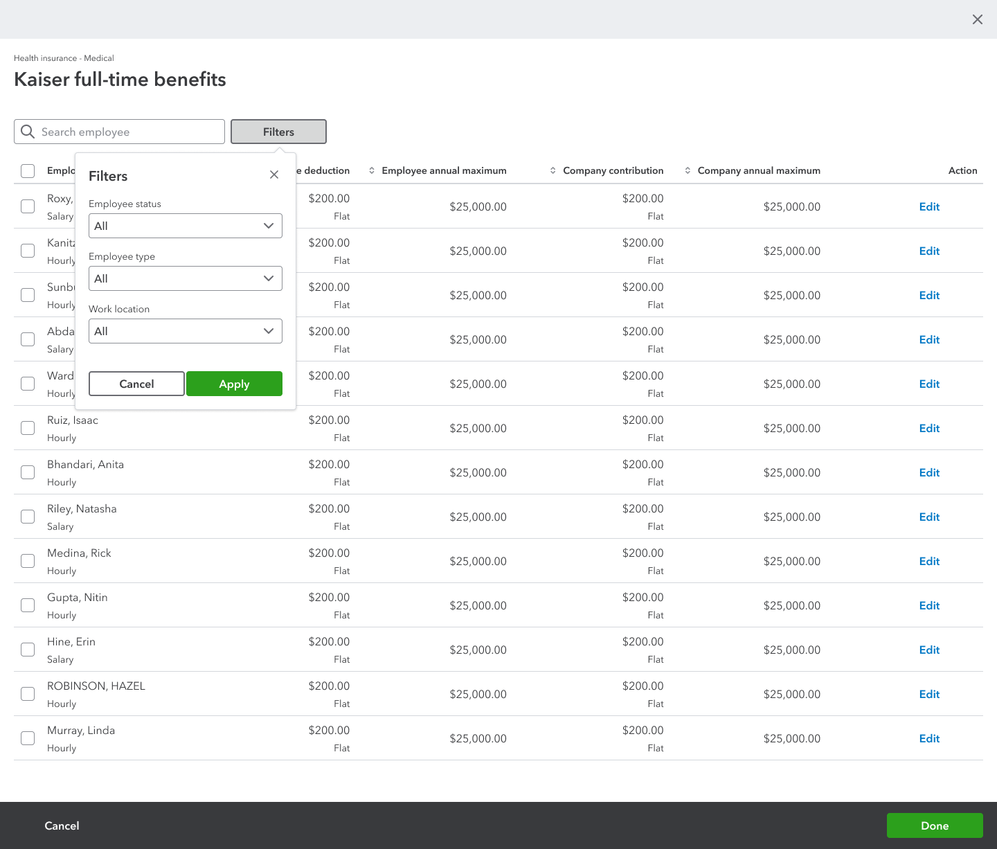 Filter payroll items to find the ones you want to manage.