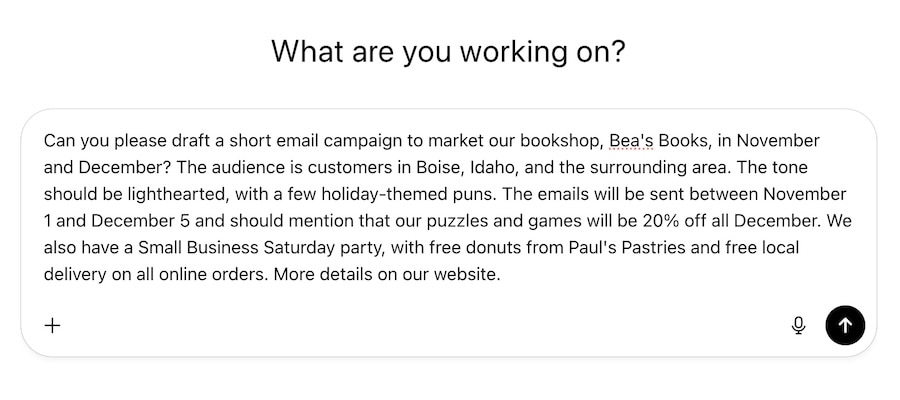 ChatGPT example of a short email campaign to market my hypothetical shop during the holidays.