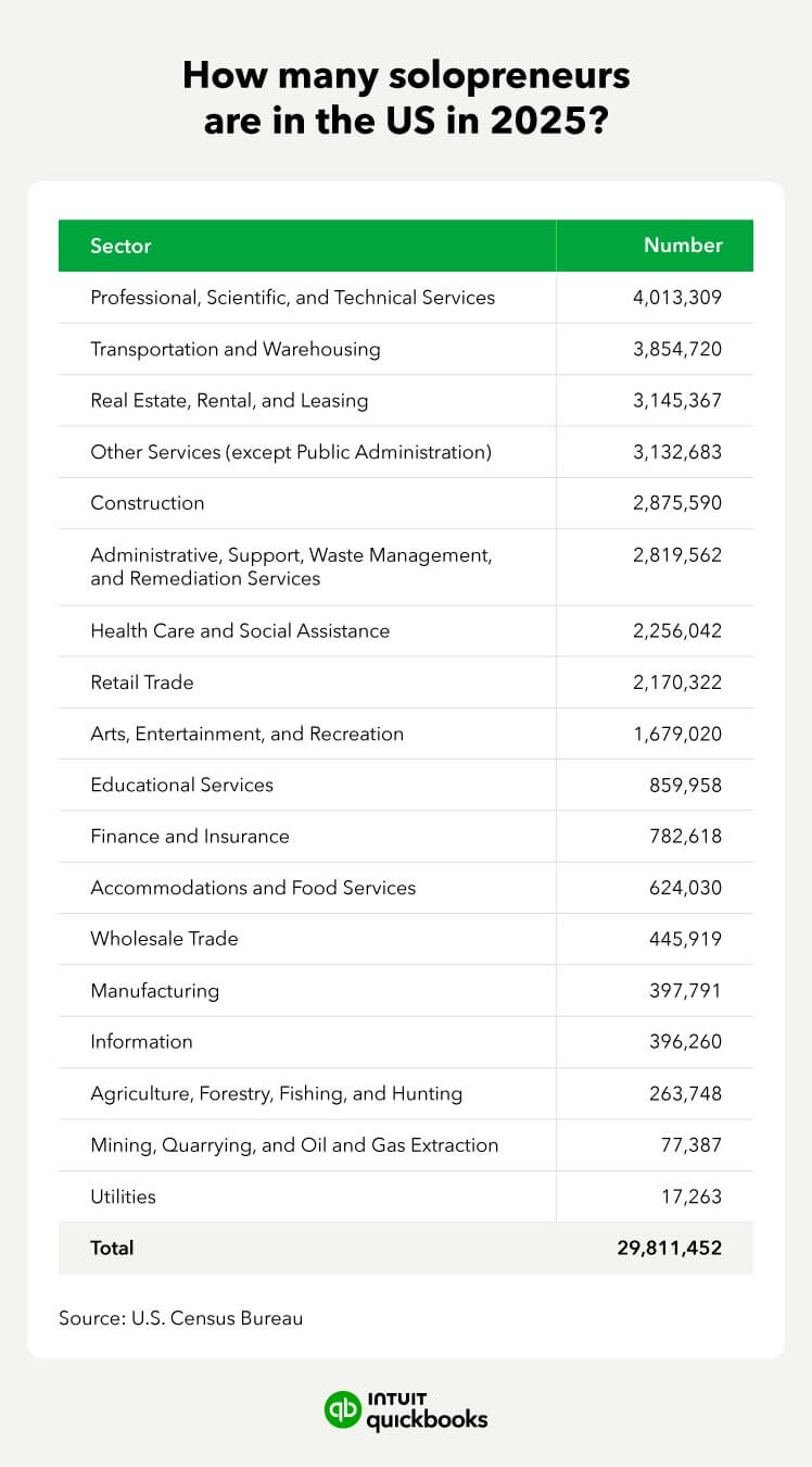 An image sharing how many solopreneurs there are in the US in 2025, segmented by industry, using US census data.
