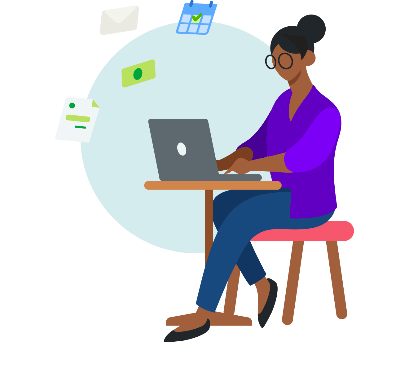 Illustration of a person sitting on a chair with a laptop