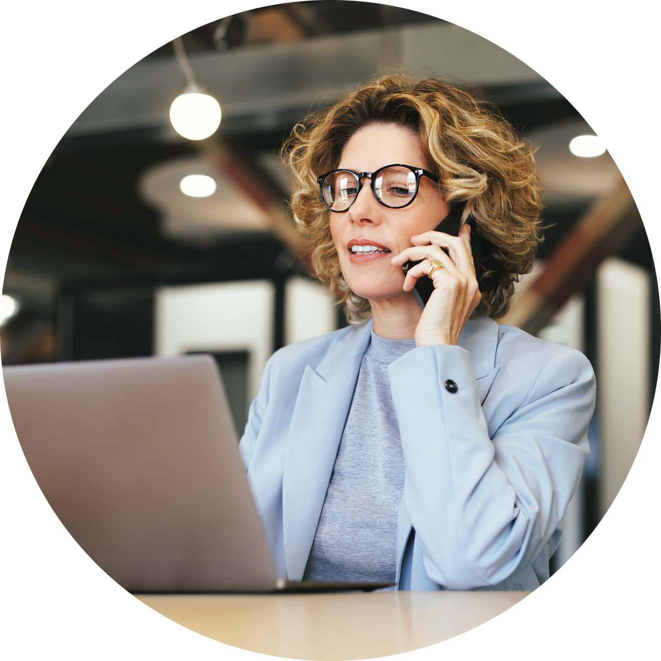 Female accountant talking with support on smart phone