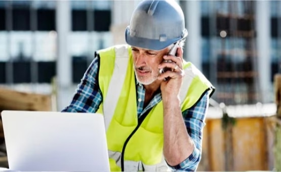 A construction worker talking on the phone while on his laptop at a job site.