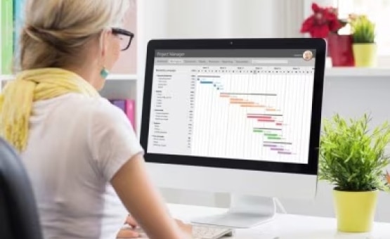 A photo of a woman working at her desktop computer.