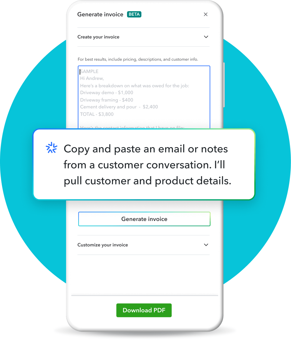 Mobile screen showing the Intuit Assist AI invoice generator tool creating an invoice from an email