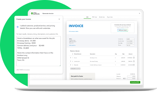 Visual showing the Intuit Assist invoice generator creating an invoice from an email