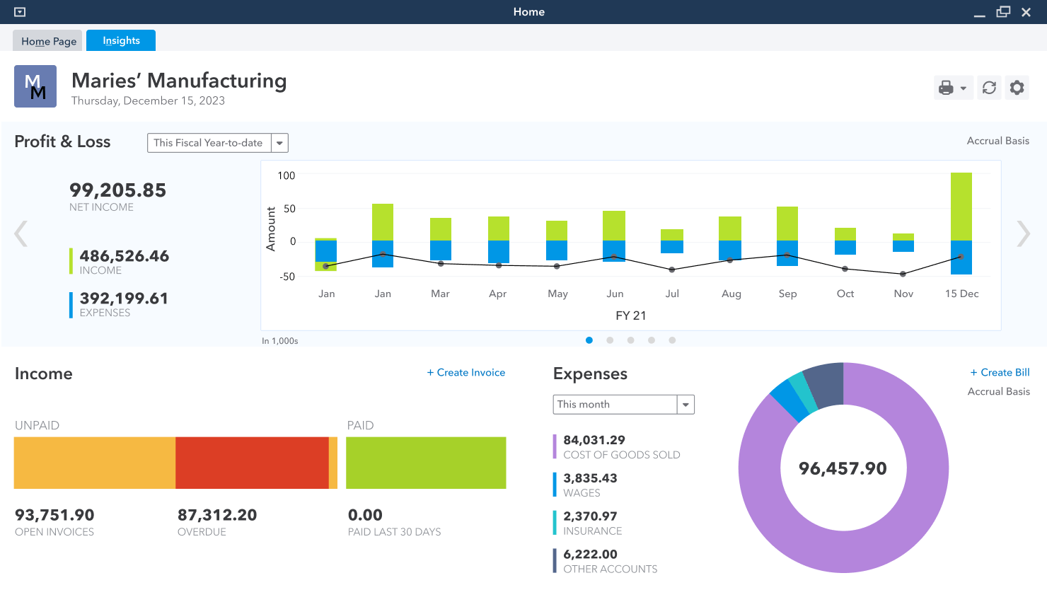QuickBooks Enterprise insights interface
