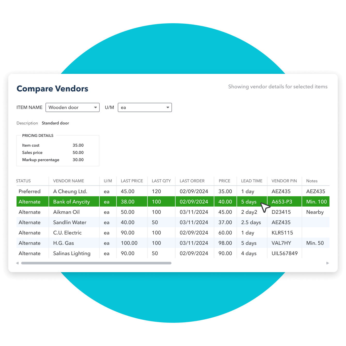 QuickBooks Enterprise compare vendors interface detail