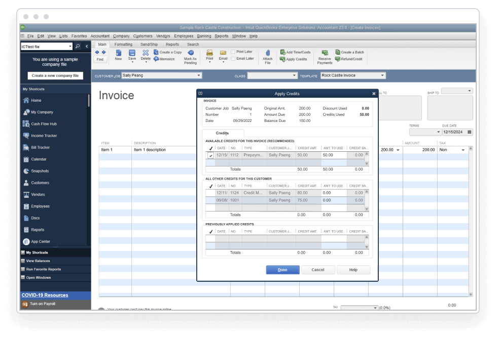 QuickBooks Enterprise Manage customer prepayments interface 