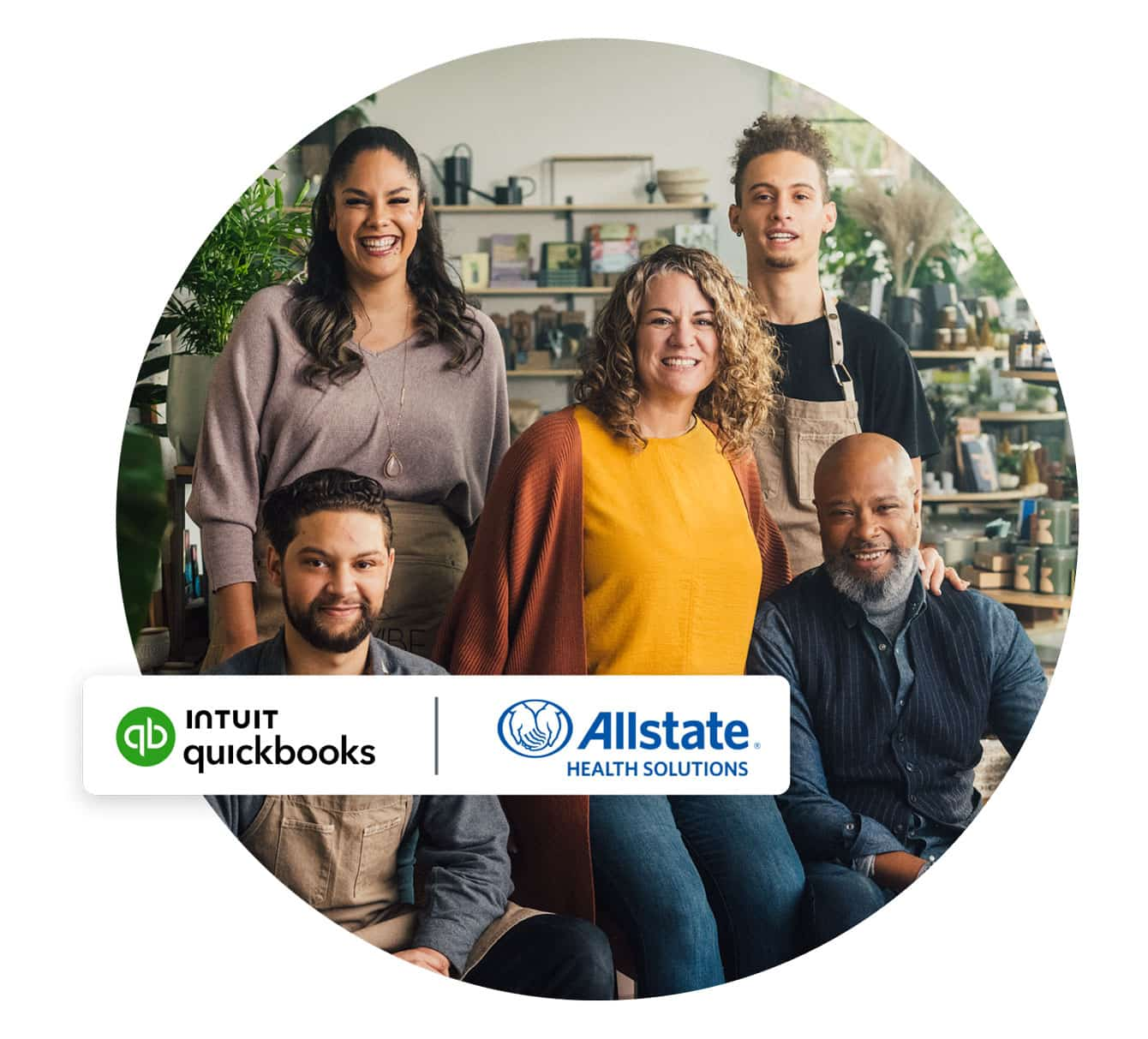 A group of people sitting on top of a wooden bench with a QuickBooks and Allstate Health Solution logo