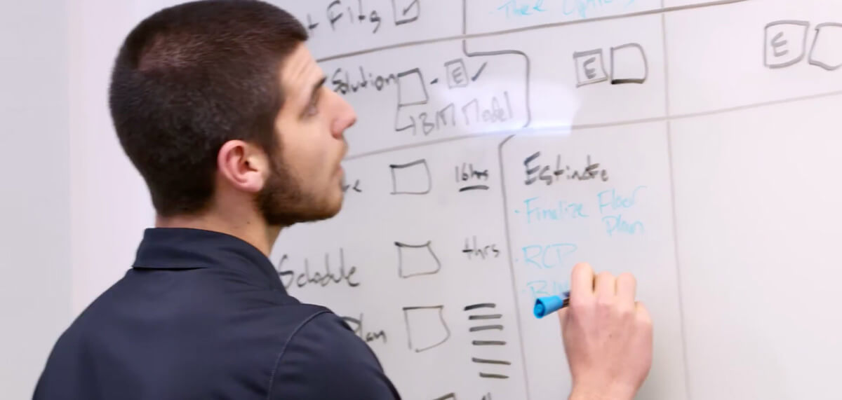 A person holding a marker working on whiteboard