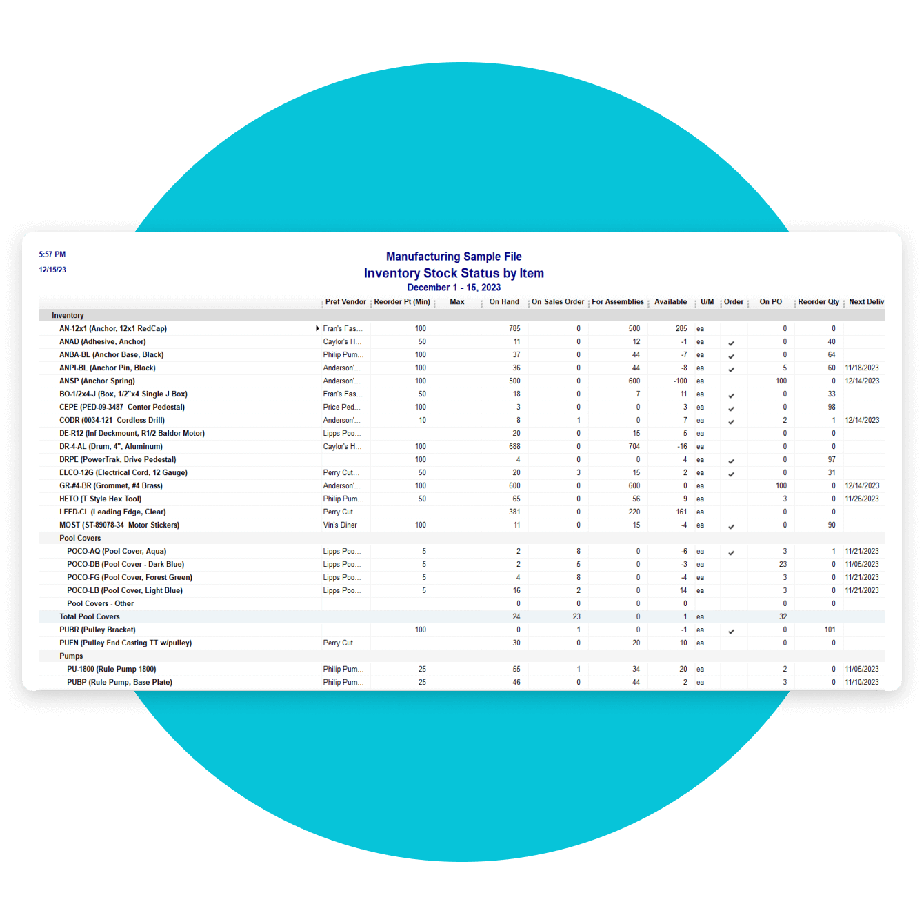 QuickBooks Enterprise industry specific report interface detail