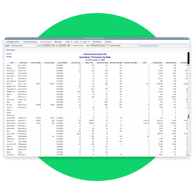 QuickBooks Desktop Enterprise Inventory Turnover Report interface detail