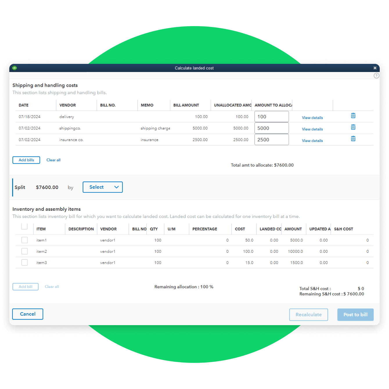 QuickBooks Desktop Enterprise landed cost calculator interface detail