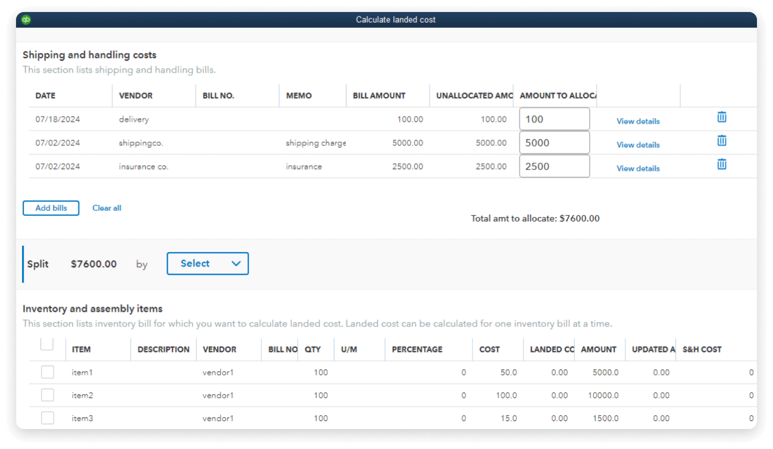 QuickBooks Desktop Enterprise landed cost calculator interface detail