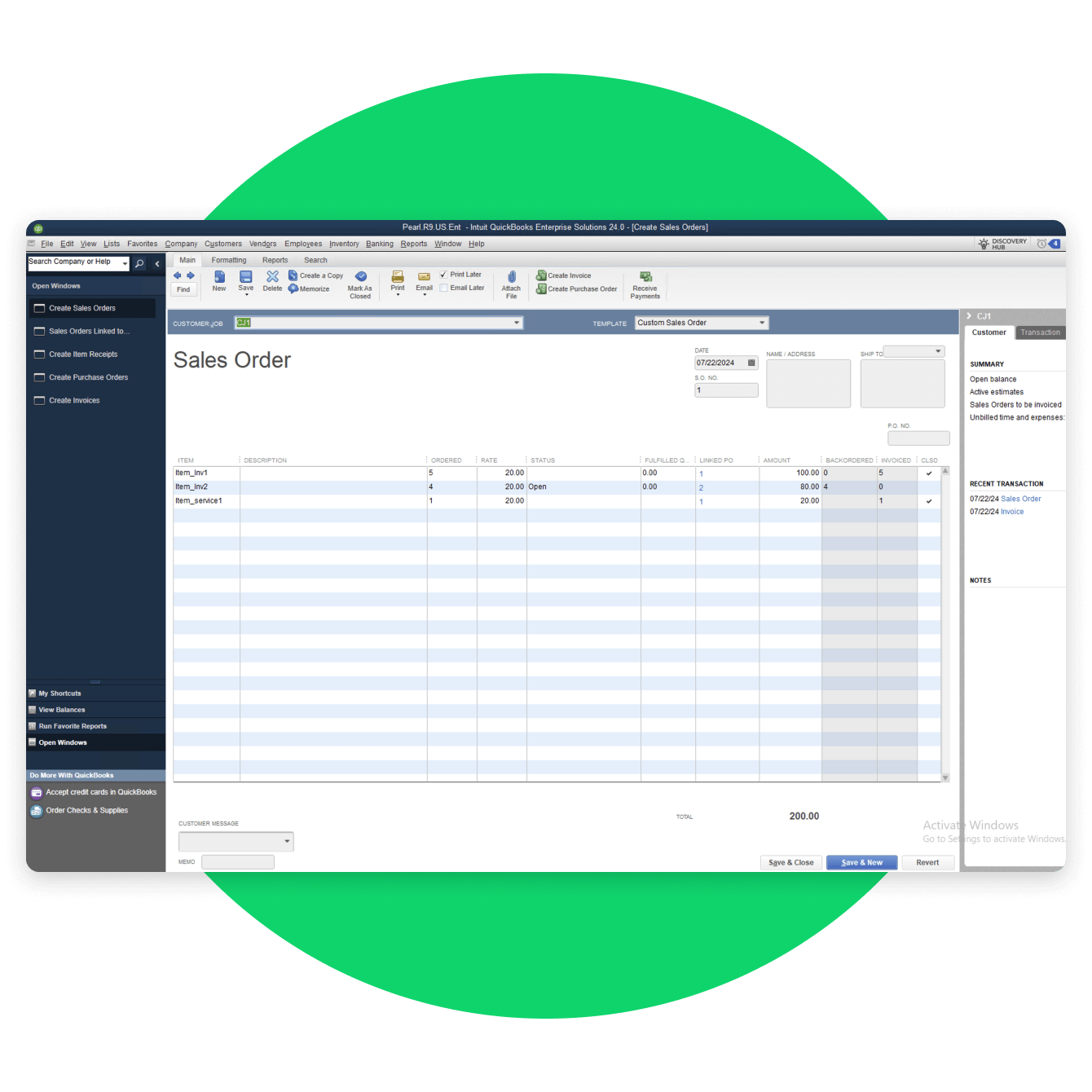 QuickBooks Desktop Enterprise linked sales orders with purchase orders interface detail