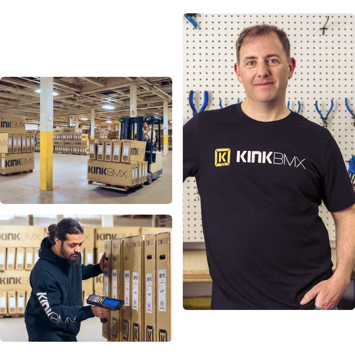 QuickBooks Enterprise customer KinkBMX image mosaic showing man driving forklift in warehouse, man barcode scanning product inventory, and employee standing confidently