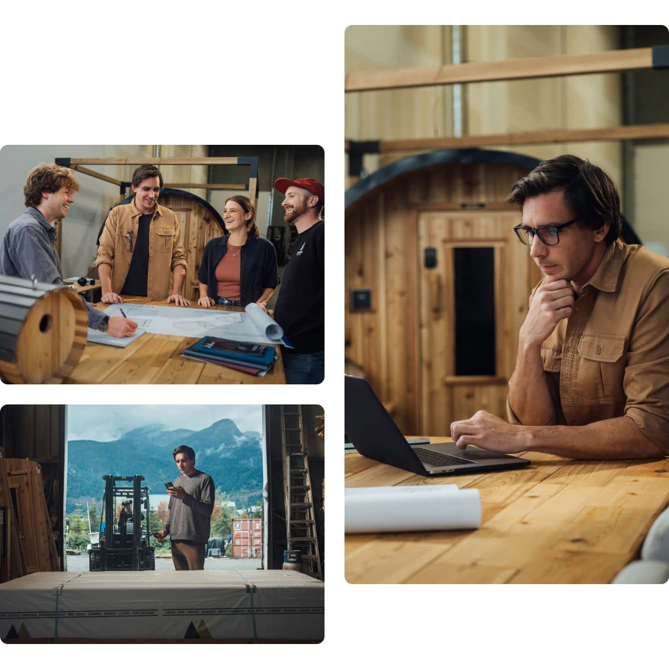 3 images of QuickBooks customer Nootka Saunas work environments with employees busy at work