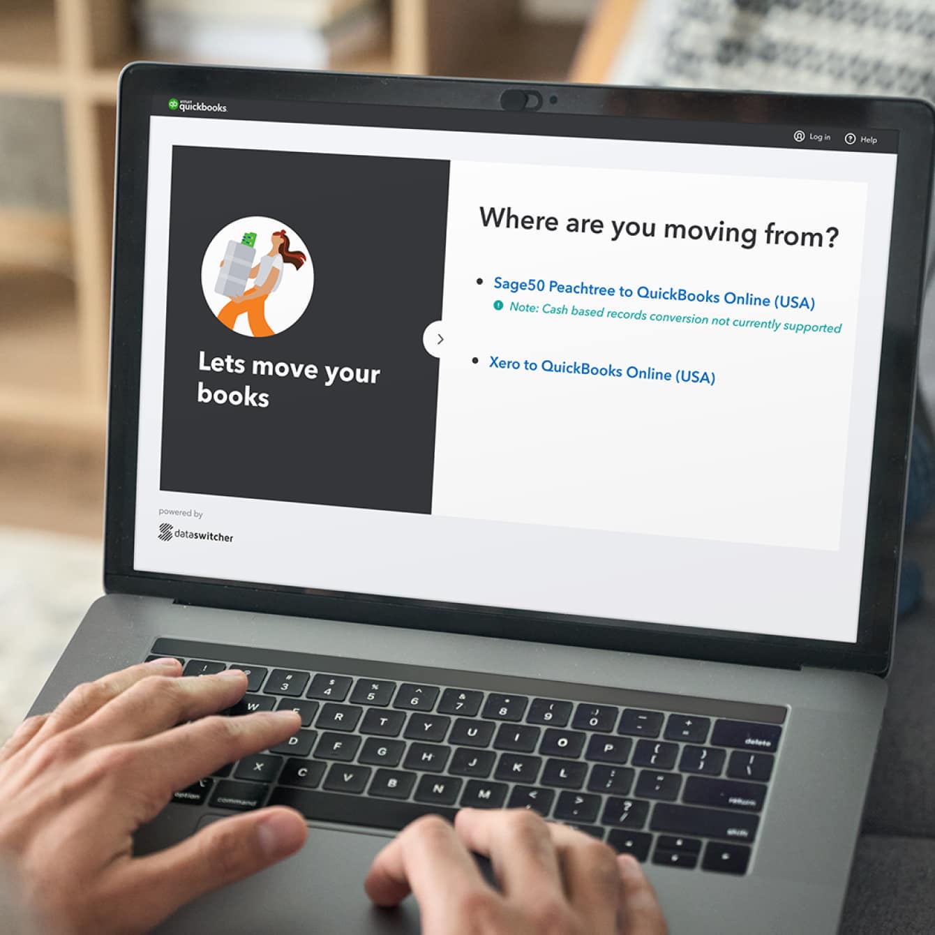 Laptop with Dataswitchers interface for moving Sage 50 or Xero data files to QuickBooks Online Advanced