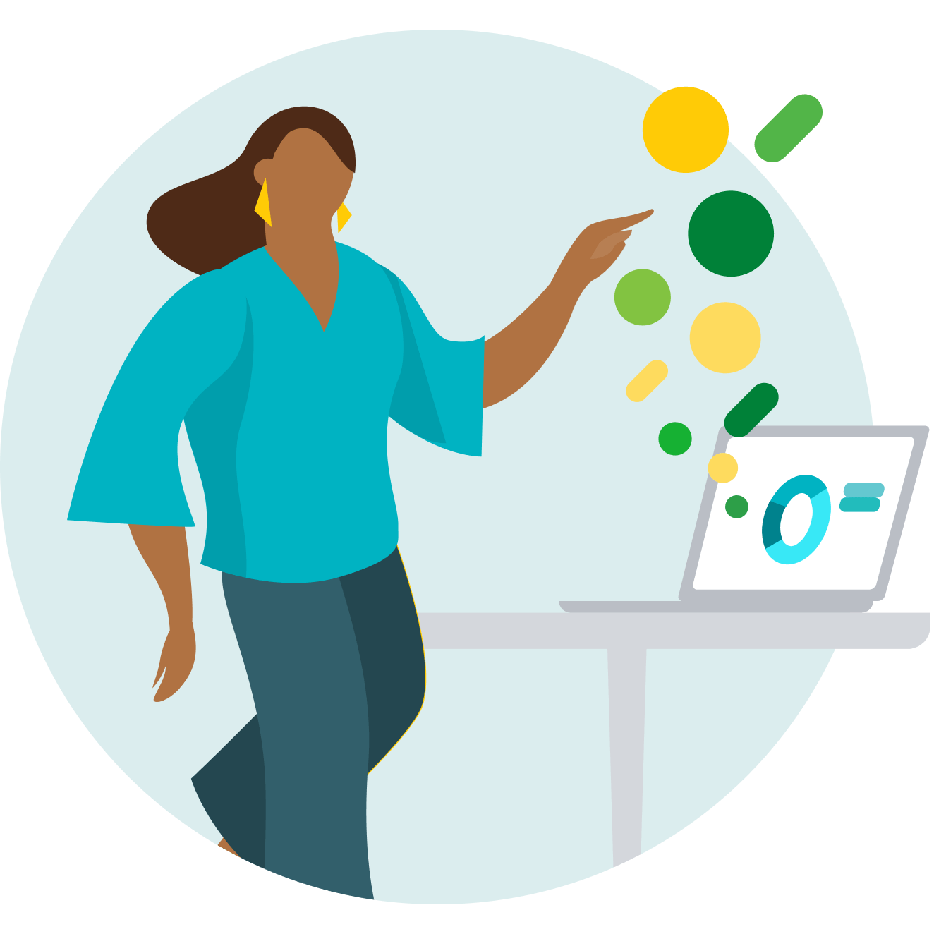 Illustration of a female business owner migrating data to a laptop computer running QuickBooks Online Advanced.