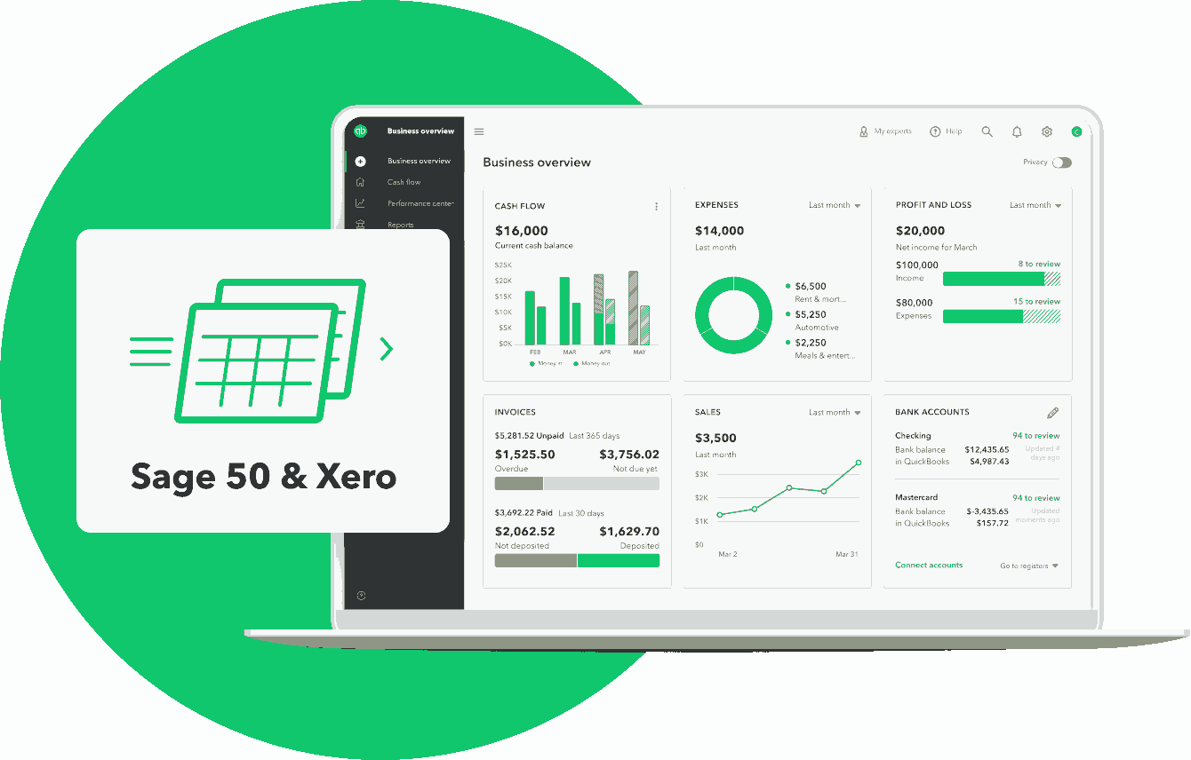 Illustration of Sage 50 and Xero files moving into QuickBooks Online Advanced dashboard screen on a laptop computer