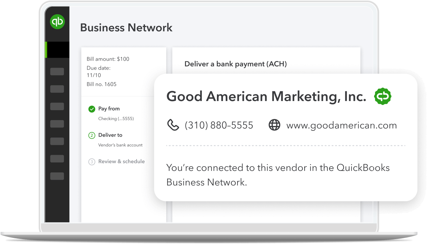 Laptop showing a bill in QuickBooks with pre-filled contact info for a vendor because they’re part of the business network.
